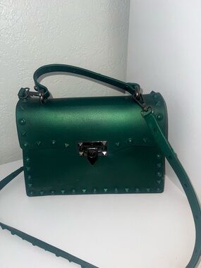 Stud-Embellished Emerald Green Top-Handle Satchel